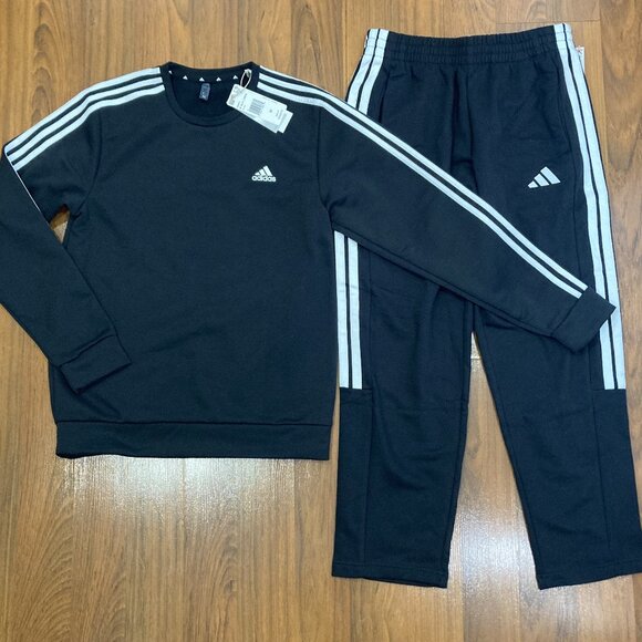 adidas Men 2pc Set Crew Neck Sweater PANTS Tracksuit Black Activewear Size M New - Picture 3 of 5
